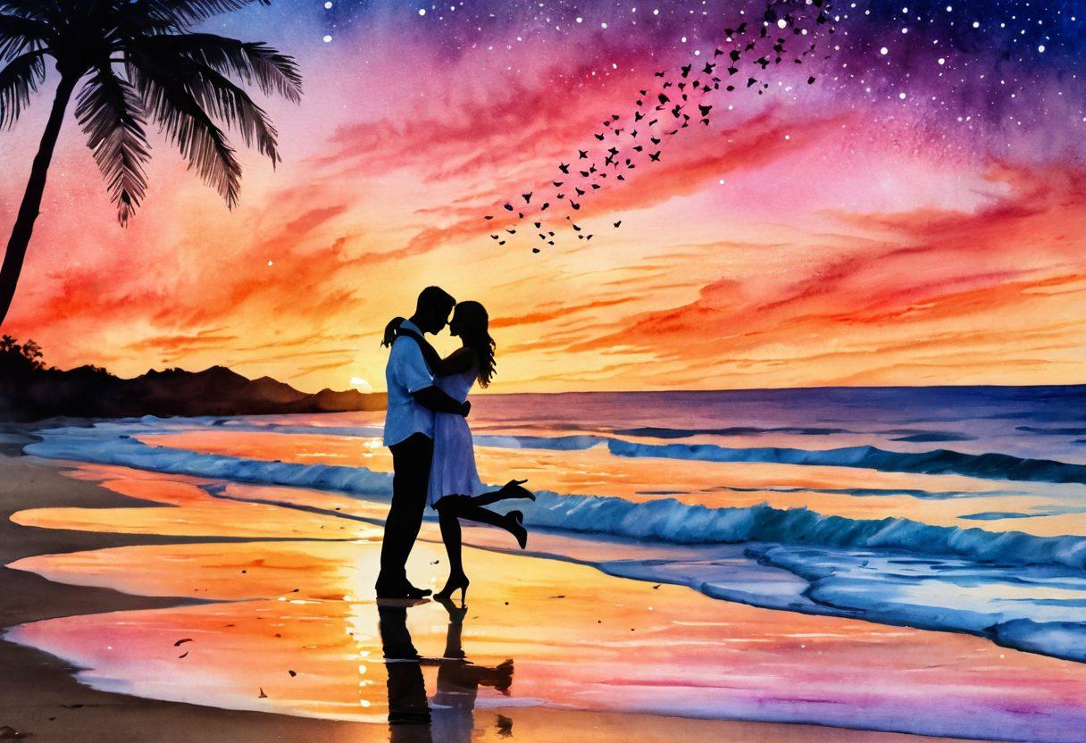 A dreamy collage of romantic moments, featuring a sunset beach kiss, candlelit dinner, and a couple dancing under the stars. The background should radiate warm colors symbolizing affection, with heart shapes subtly integrated throughout the scene. Soft focus to evoke intimacy and a sense of passion. watercolor style. vibrant colors. romantic ambiance.