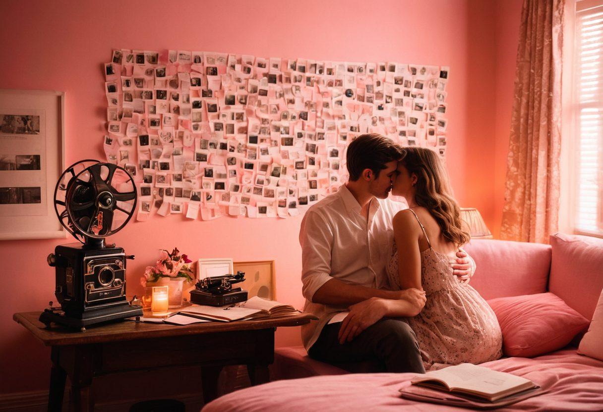 A cozy, intimate setting featuring a couple sharing a tender moment, surrounded by romantic media elements like scattered love letters, an old film projector casting a warm light on them, and a notebook brimming with handwritten love notes. The background should feature soft pink and red hues to evoke warmth and affection. Emphasize the emotions of love and connection in the atmosphere. super-realistic. vibrant colors. soft focus.