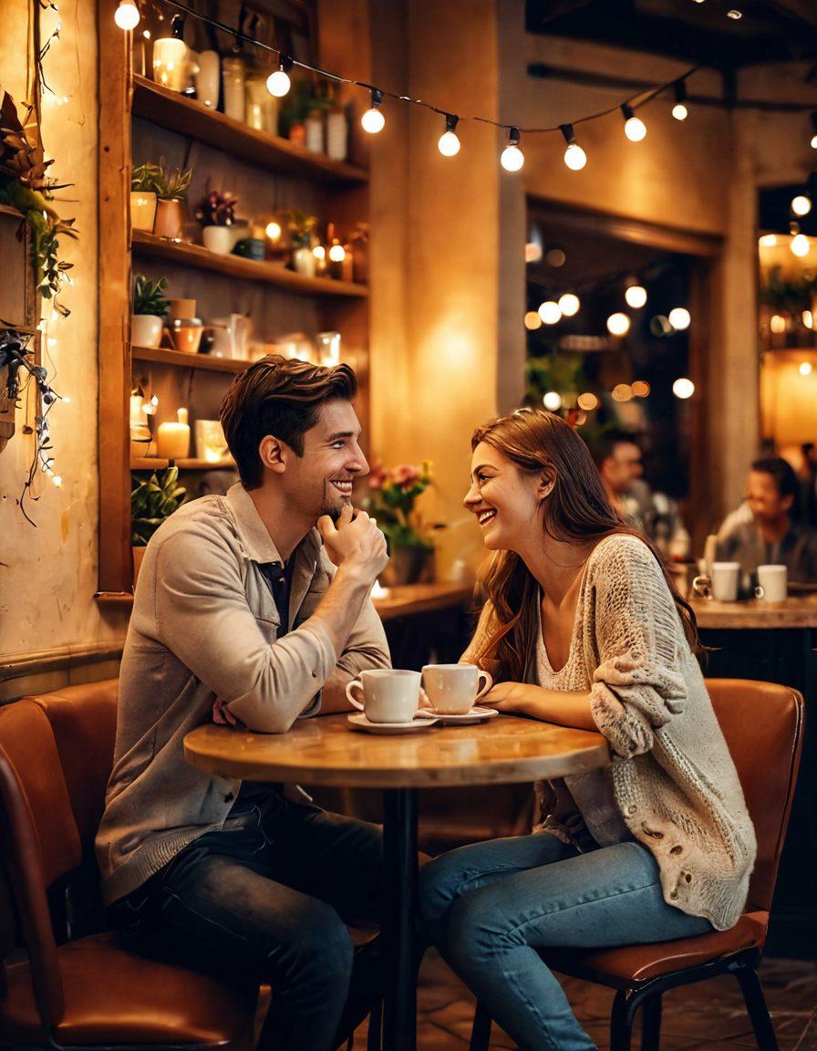 A tender moment between a couple sharing a laugh in a cozy café, surrounded by soft lighting and warm colors, showcasing their deep connection. Include a small table with two steaming cups of coffee and a backdrop of romantic decor like fairy lights and flowers. Emphasize emotions, closeness, and the warmth of love in the scene. super-realistic. warm tones. soft focus.